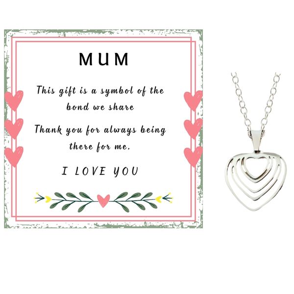Mum Silver Layered Heart Necklace, Card and Gift Box Gift Set