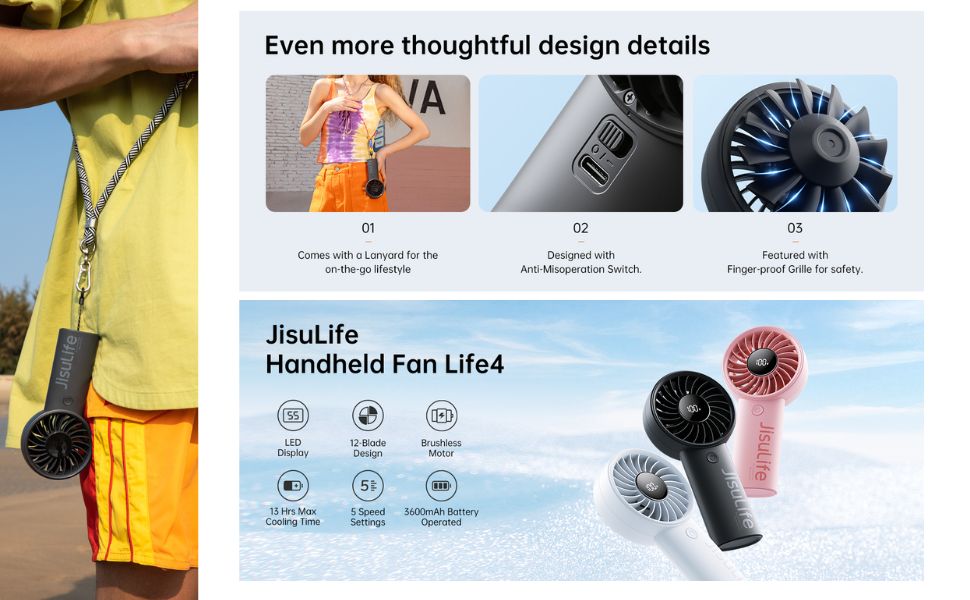 JisuLife Life4 Handheld Fan, 3600mAh USB-C, 5-Speed Brushless DC Motor, Digital LED Battery Display, Up to 13H Runtime, 5000 RPM Turbo Airflow, 225g ABS Body, Pink
