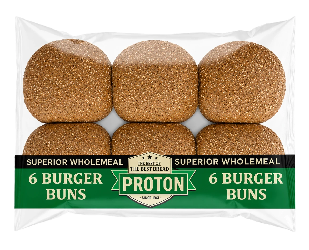 PROTON Wholemeal Brown Burger Buns 6s