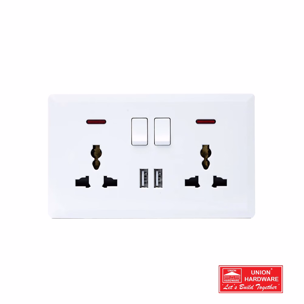 SWITCHED DOUBLE 3 PIN UNIVERSALSOCKET 2U